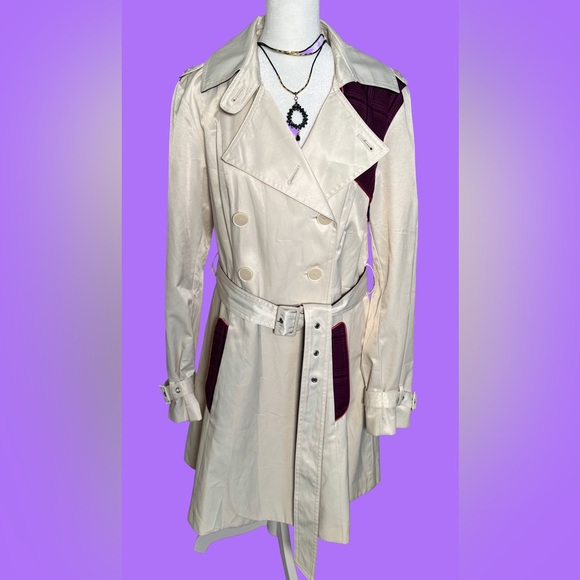 Green With Envy Jackets & Blazers - Green With Envy Stylish Cream and Burgundy Trench Coat with Reversible Belt